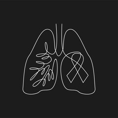 Naklejka premium Lung awareness ribbon continuous line drawing. Human respiratory system symbol for health and medical campaigns.