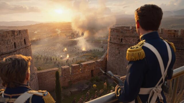 Two male soldiers in blue uniforms with gold epaulettes observe a distant battlefield from a castle wall as smoke rises and a dramatic scene unfolds at sunset