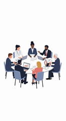 Obraz premium Diverse business meeting with professionals collaborating around round table, sharing ideas and discussing important projects. Productive business meeting includes multiple participants, laptops,