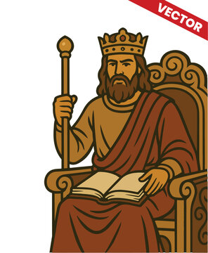 Wise King Solomon Sitting on Throne with Scepter and Book Bible Story Illustration Vector Royal Biblical Character Kingdom of Israel Wise Ruler Proverbs Religious Monarchy History Art