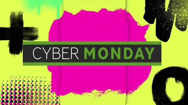 Animation of cyber monday text over vibrant pattern background