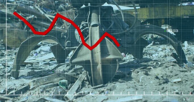 Declining financial graph animation over industrial machinery in scrapyard setting