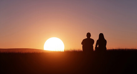 Fototapeta premium Silhouette of couple sitting on field watching giant setting sun perfect for romantic travel background
