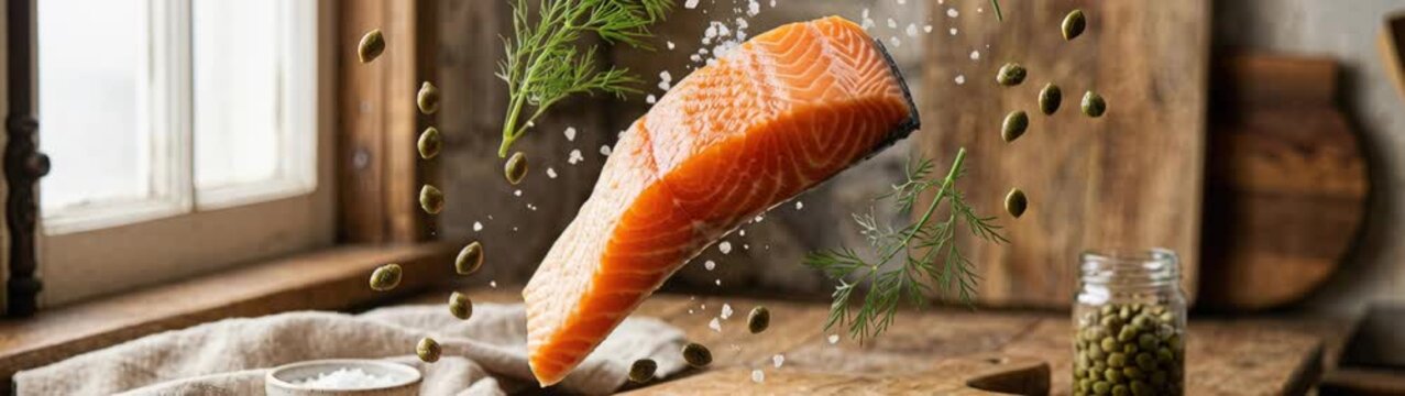 Sustainable Seafood Concept Salmon Fillet With Capers Falling In Slow Motion On Wooden Board Healthy Eating.