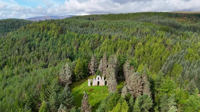"Atmospheric and Moody Landscape of the Ancient Creag Ruadh Stone Structure, Surrounded by Lush Evergreen Woodland, Authentic Scottish Heritage Site, Fyrish Forest Exploration.