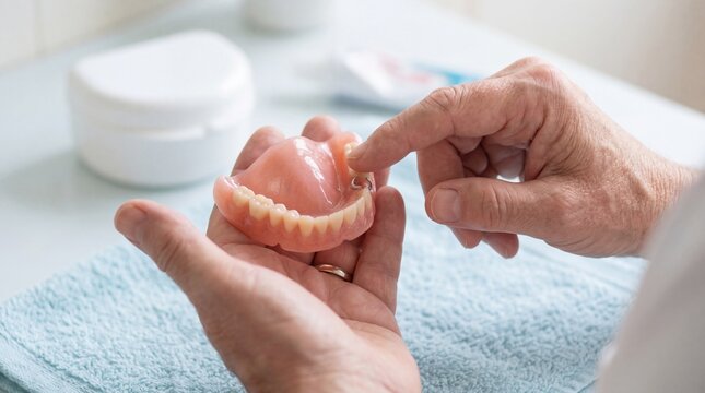 Senior hands examining full denture for daily oral care