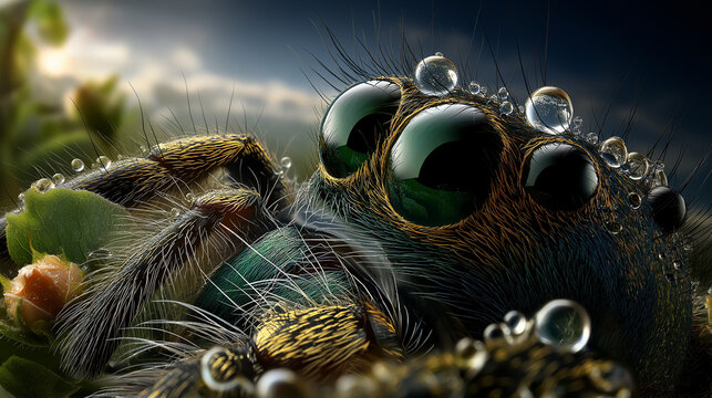 AI generator images of Jumping spiders, a type of spider in the Salticidae family, are predators that typically jump to catch their prey instead of spinning webs to trap them.