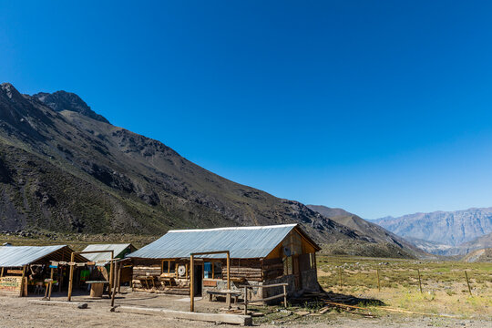 Embalse El Yeso reservoir with Andes mountains landscape in Chile