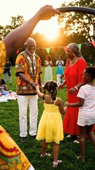 Obraz premium African American family members joyfully engage in a playful circle dance outdoors during a vibrant celebration with colorful decorations and warm sunset lighting