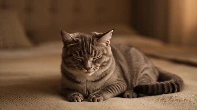 Adorable tabby cat resting peacefully on a soft bed indoors.