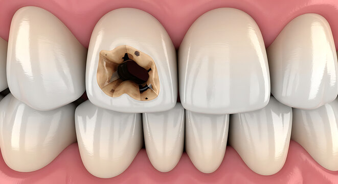 A close-up view of teeth showing a decayed molar with a large cavity in a dental setting for examination.