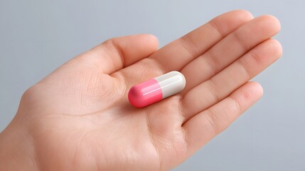 Detailed close up of a phar eutical capsule split between pink and white halves resting in the open palm of a human hand emphasizing medical treatment and aid