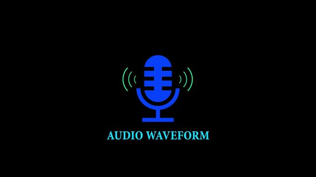 Blue microphone icon with audio waveform text and sound waves