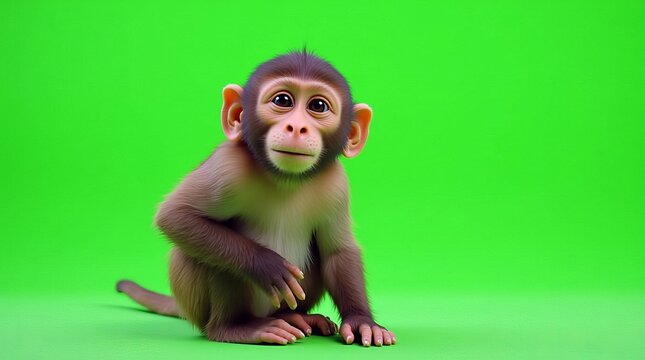 A cute young monkey with large eyes and soft fur, sitting on a bright green background.
