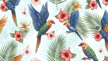 Obraz premium Tropical Parrot Pattern with Hibiscus Flowers and Palm Leaves