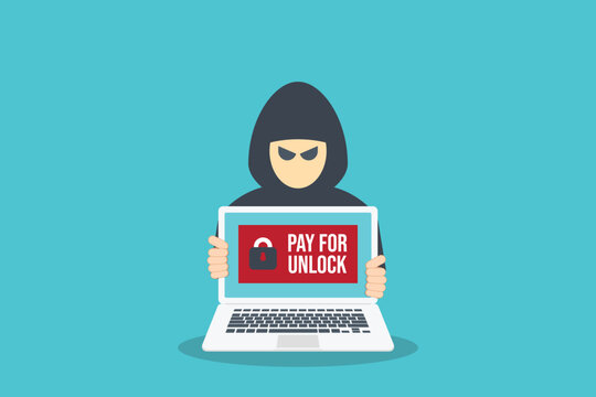 Ransomware Cyber Attack Concept &ndash; Hacker Demanding Payment to Unlock Laptop, Malware Cybercrime, Data Encryption Extortion, Cybersecurity Threat Vector Illustration