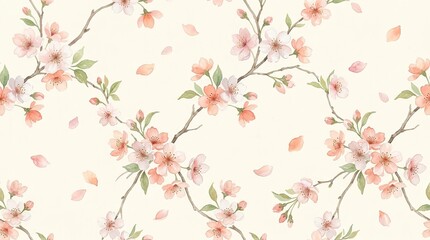 A repeating seamless pattern of delicate pink cherry blossoms on thin brown stems