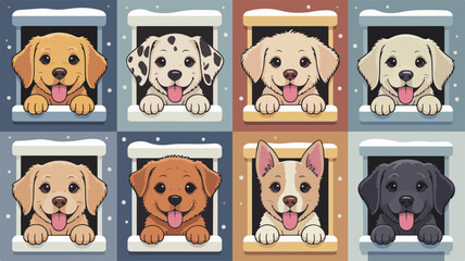 Eight dogs of different breeds peeking out from snowy windows in a colorful winter scene