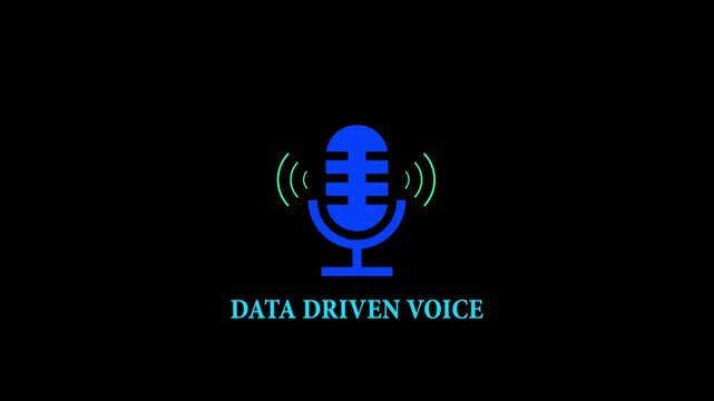 Blue microphone icon with sound waves and text data driven voice AI audio technology