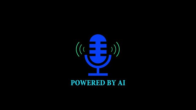 Blue microphone icon with sound waves and text powered by AI voice technology concept