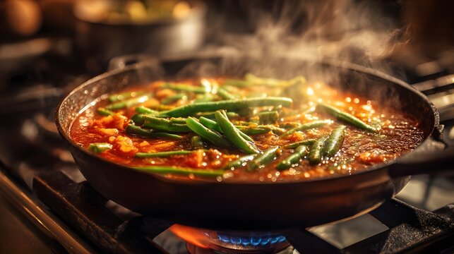 Mouth-watering, photorealistic close-up of a hot, savory vegetable stew simmering in a dark cast iron pan with a rich red tomato broth.