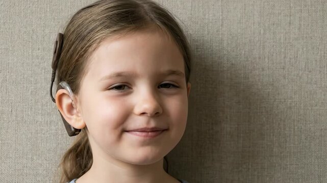 happy caucasian girl wearing cochlear implant. child with hearing impairment smiling. disability and inclusion. healthcare, medical concept