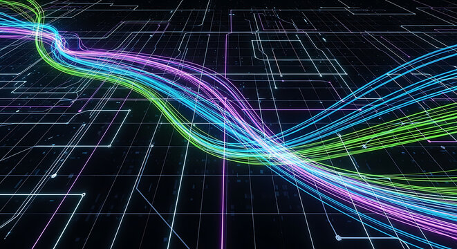 Dynamic digital data stream flowing through a futuristic network infrastructure, representing high-speed communication, internet connectivity, and advanced technology concepts