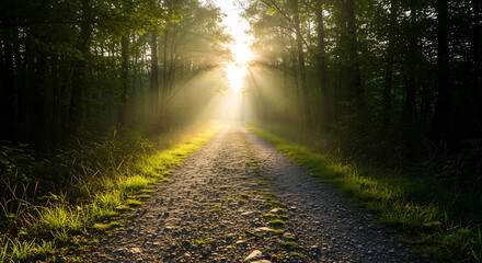 Obraz premium Sunbeams illuminate a forest path at sunrise