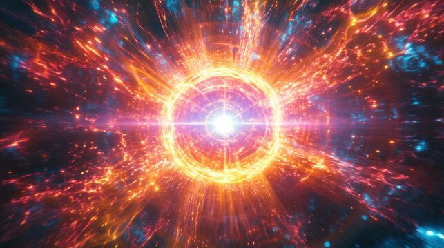 Abstract animated video of a powerful cosmic energy burst radiating vibrant orange and red light particles across a dark space, implying a big bang explosion.