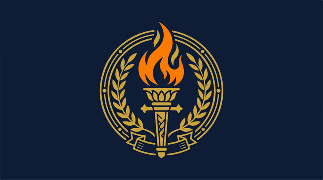 Torch emblem with flame and wreath on a navy blue background.