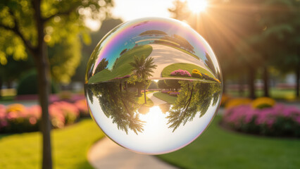 Floating glass sphere reflects vibrant park, green trees, blooming flowers, winding path, and warm sunlight, creating dreamy, surreal atmosphere