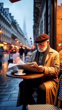 Elderly man reads large newspaper at Paris street cafe table in busy evening setting