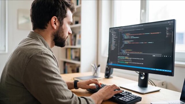 A software developer working on lines of code on his desktop computer, dedicated in his home office. 