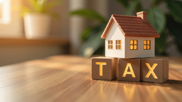 House tax finance property real estate investment wooden block home mortgage sunlight concept saving economy planning business symbol architecture