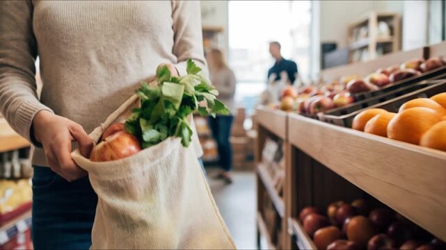 A mindful shopper clutches a reusable eco-bag brimming with fresh produce at local market, championing sustainability and healthy living.