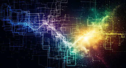 Obraz premium Dynamic conceptual network of glowing lines and light bursts, illustrating advanced technology, data transmission, and intricate digital connectivity