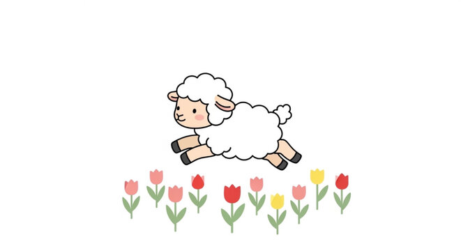 Tiny adorable cute white sheep jumping over row small colorful flowers spring cartoon vector illustration