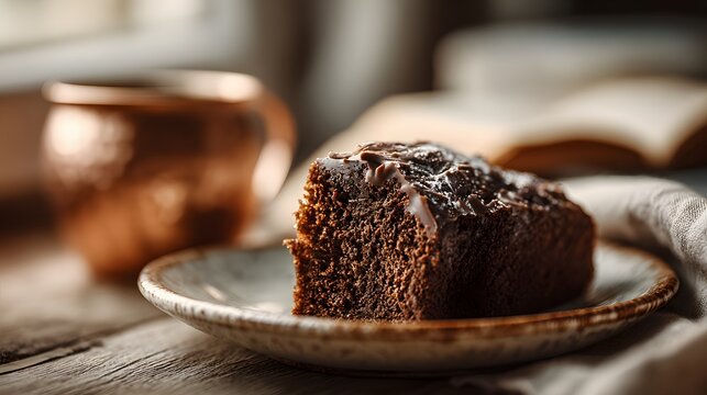 Photorealistic, appetizing slice of rich dark chocolate pound cake on a vintage ceramic plate, rustic copper coffee cup in the background.