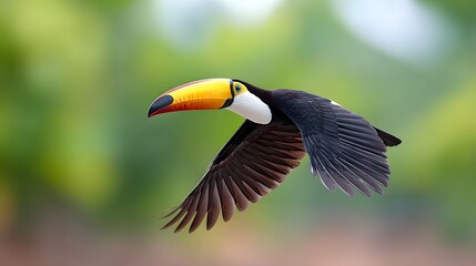 Fototapeta premium A photograph of a vibrant toucan in mid flight seen from a unique low angle that emphasizes its broad spread wings and colorful chest capturing a moment of natural beauty