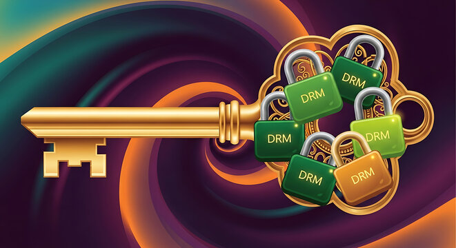 Golden key unlocking drm protected digital media content on a swirling purple background