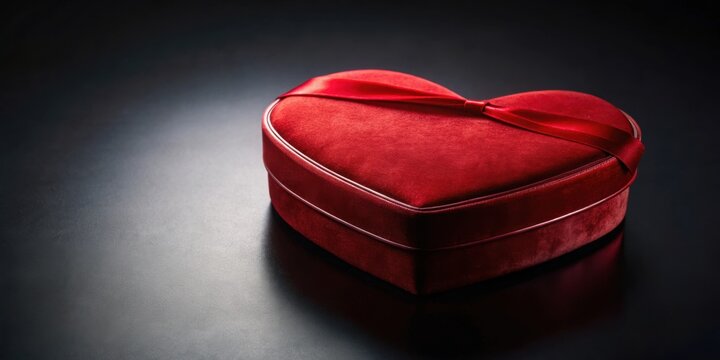 A crimson heart-shaped velvet box, adorned with a delicate satin ribbon, rests elegantly on a dark surface, hinting at a precious gift within.