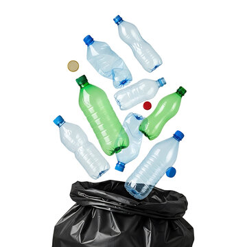 Recyclable Plastic Bottles Falling into Black Trash Can