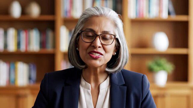 smiling mature indian woman with grey hair and glasses in library. professional business leader or educator. corporate communication, online meeting, education blog