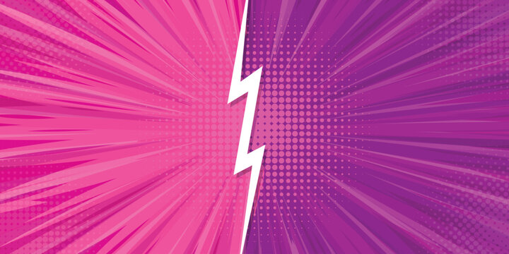 Pop art versus comic background. Pink and purple vs battle background with lightinings. Fighting split comic backdrop.
