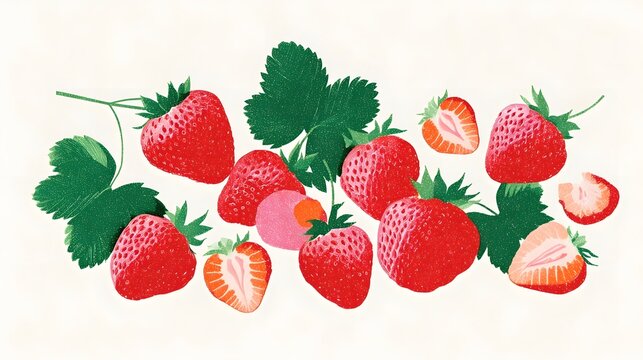 Retro screen printed illust n of vibrant red strawberries and green leaves featuring bold flat colors textured grain and a playful vintage poster aesthetic on a white background