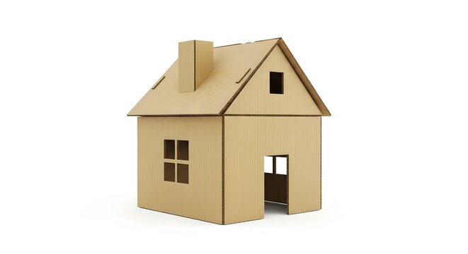 A 3D cardboard papercraft house model with a gable roof and chimney sits isolated on a white background