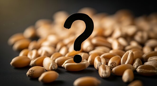 Wheat grains with question mark symbol on dark background, representing uncertainty in food supply or agriculture concept