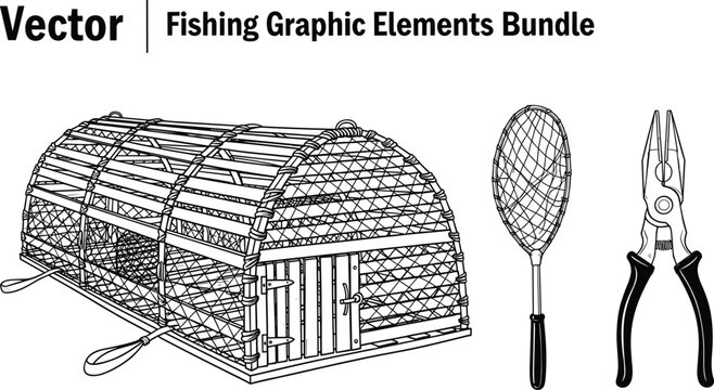 Fishing graphic elements bundle, vector illustration of fish trap, net, pliers, marine harvesting tools, seafood equipment design, fishing gear concept, black silhouettes