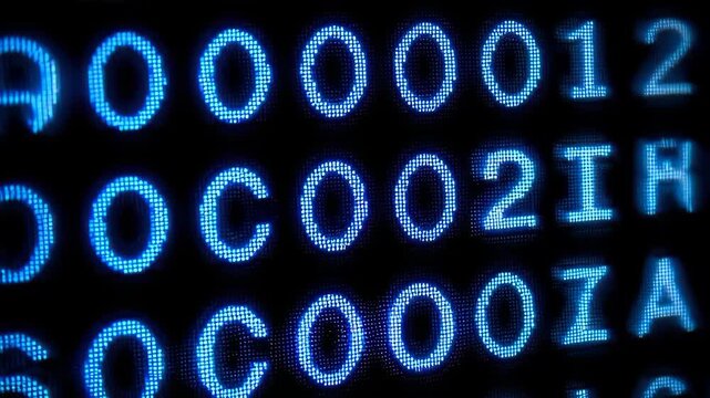 Digital Binary Code Displayed on Blue Monitor Screen with Glowing Symbols and Patterns