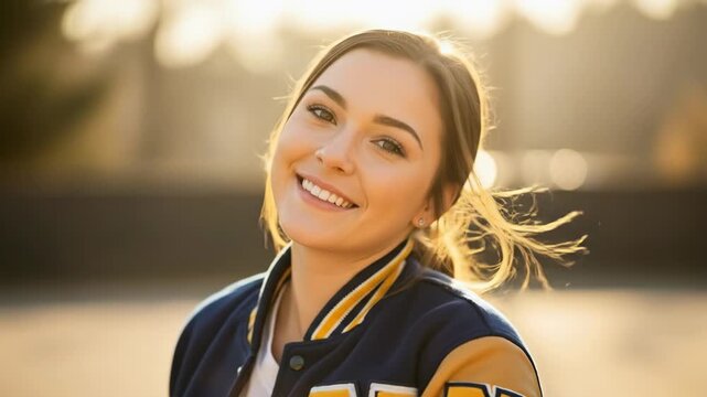 happy caucasian teen girl holding softball bat behind shoulders. young female athlete in varsity jacket posing on field. sport media day portrait. school athletics, lifestyle.